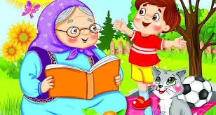داستان و قصه می توان خلاقیت در کودکان را بالا ببرد. مادر بزرگ از روی کتاب قصه می خواند. 