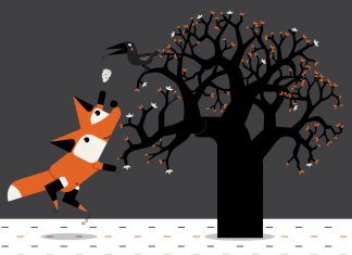 روباهی در زیر درختی که کلاغ بر آن نشسته است.