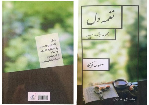 تصویر یک منظره است که بر روی یک طاقچهیک کتاب قراردارد که چند شاخه گل بر روی آن است و کنارش یک فنجان چای و عنوان کتاب بر روی تصویر درج شده است